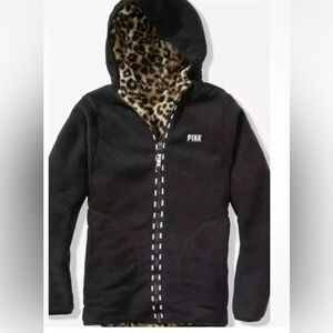 BRAND NEW VS PINK RARE BLACK/LEOPARD LOGO REVERSIBLE Fleece Jacket sz L